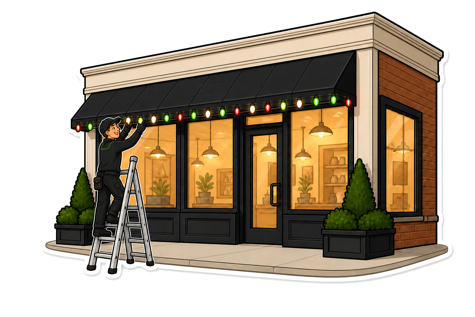 Maintenance and warranty illustration: Premium Holiday Lights technician adjusting commercial roofline lights during the season