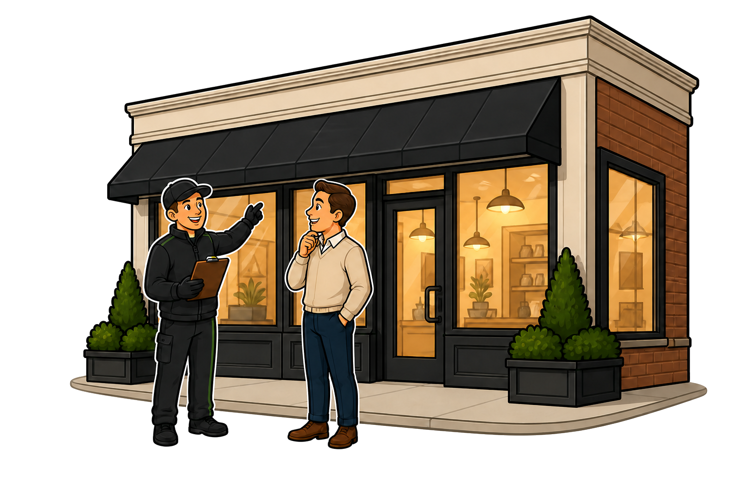 Free estimate illustration: Premium Holiday Lights technician meeting with a business owner to review a storefront lighting plan