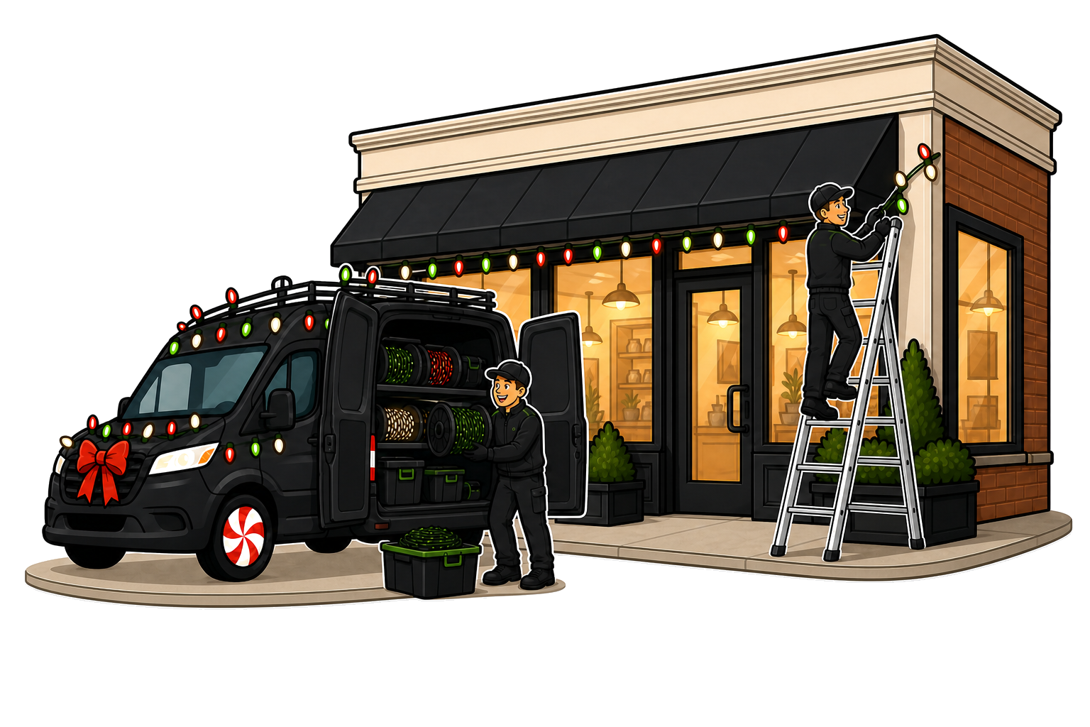 Professional installation illustration: Premium Holiday Lights crew installing commercial-grade holiday lights on a business storefront