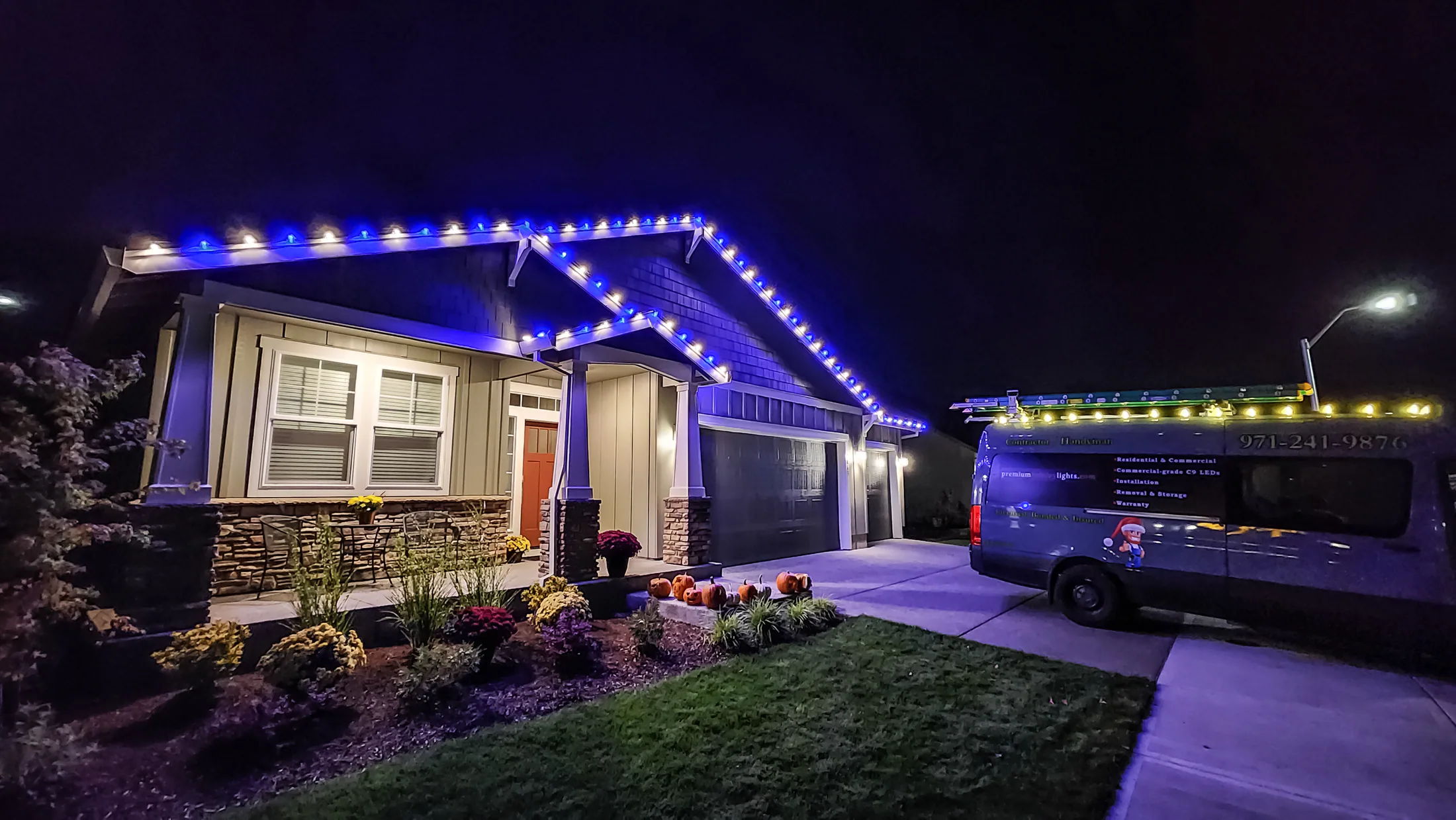 Residential Christmas light installation 20 by Premium Holiday Lights in Salem, OR, warm commercial-grade C9 LED roofline lighting at night