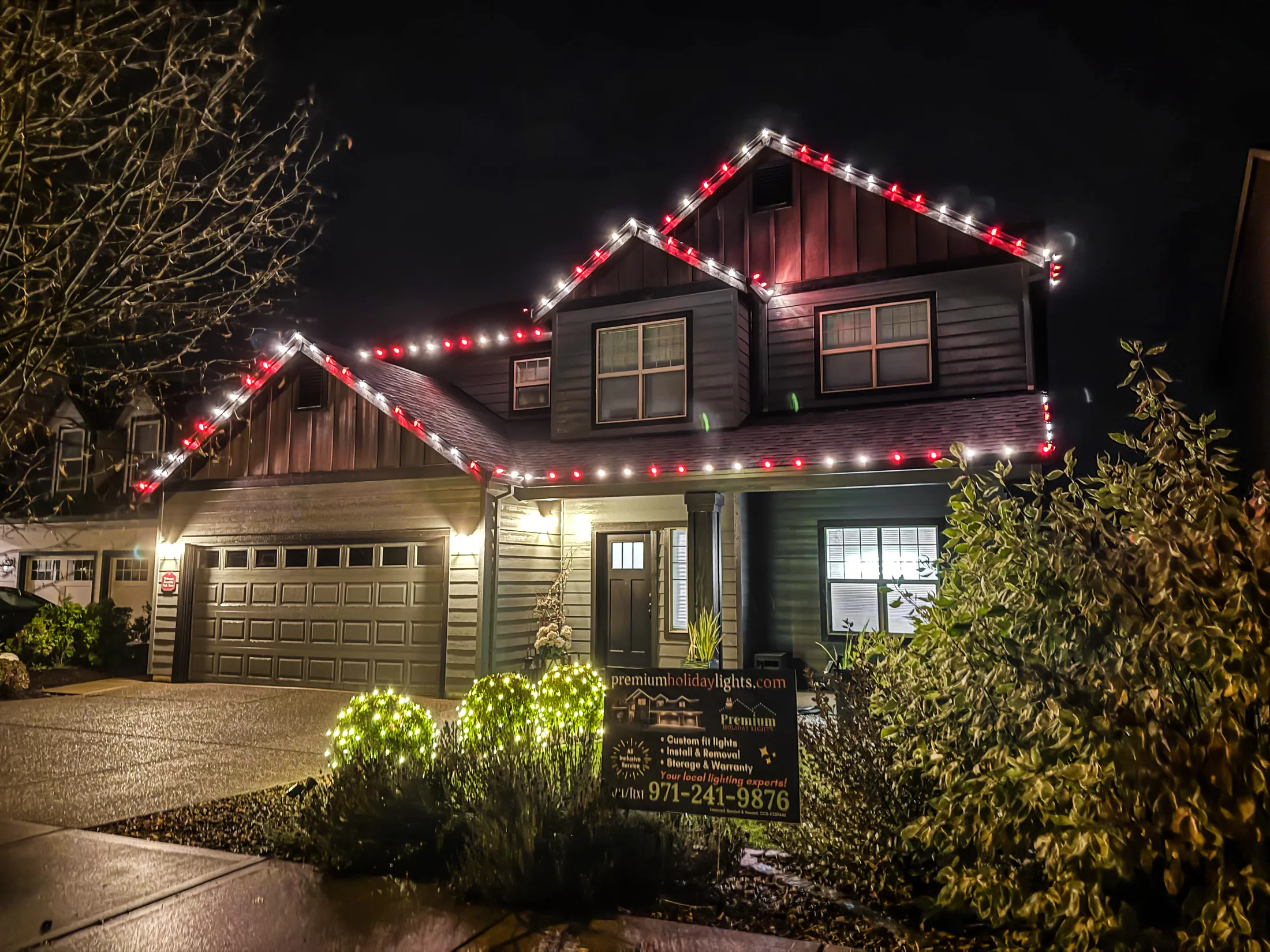 Residential Christmas light installation 25 by Premium Holiday Lights in Salem, OR, warm commercial-grade C9 LED roofline lighting at night