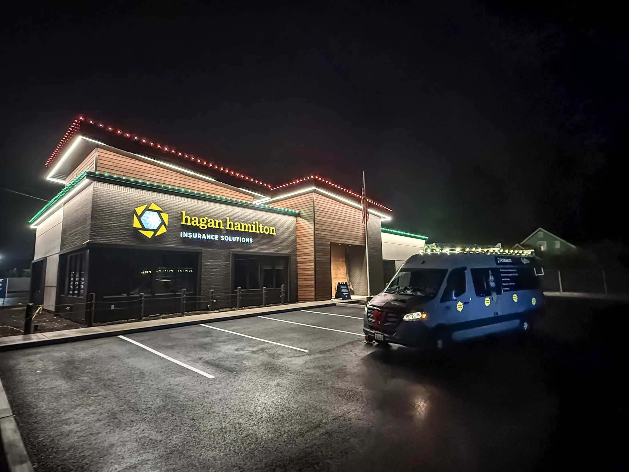 Commercial Christmas Lighting installation by Premium Holiday Lights in Salem, OR, professional lighting, warm evening ambiance