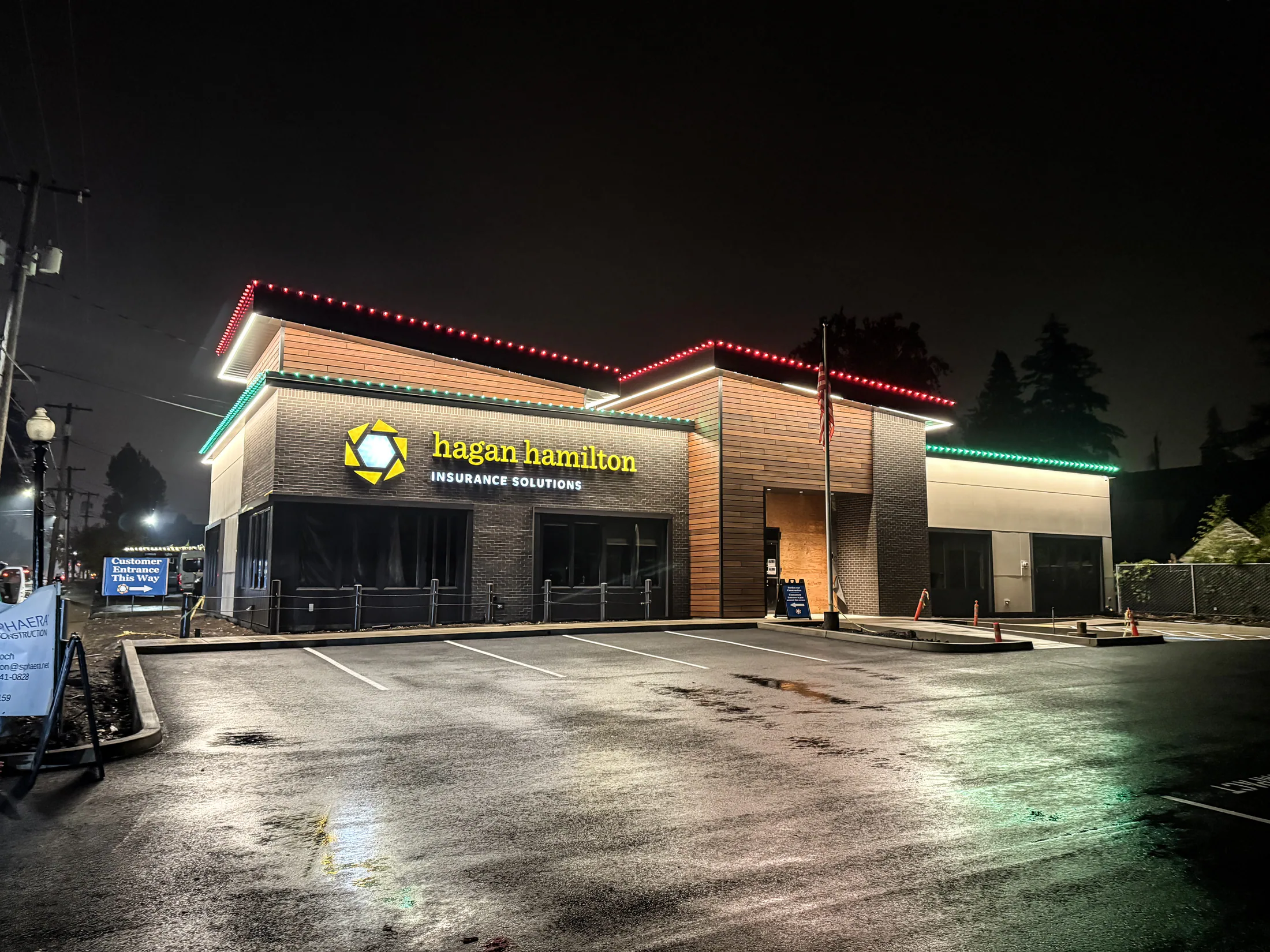 Commercial holiday light installation 1 by Premium Holiday Lights in Salem, OR, professional storefront and property lighting at night