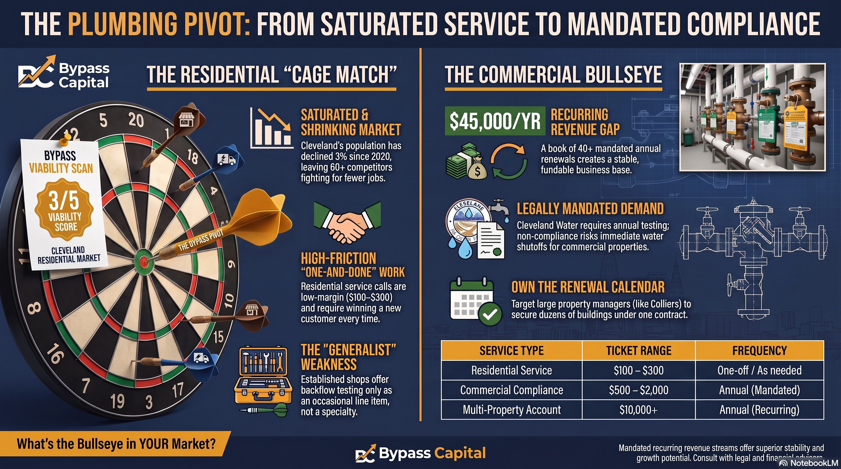 Bullseye infographic comparing Cleveland residential plumbing calls at $100-$300 to commercial backflow compliance contracts at $500-$2,000 annually.