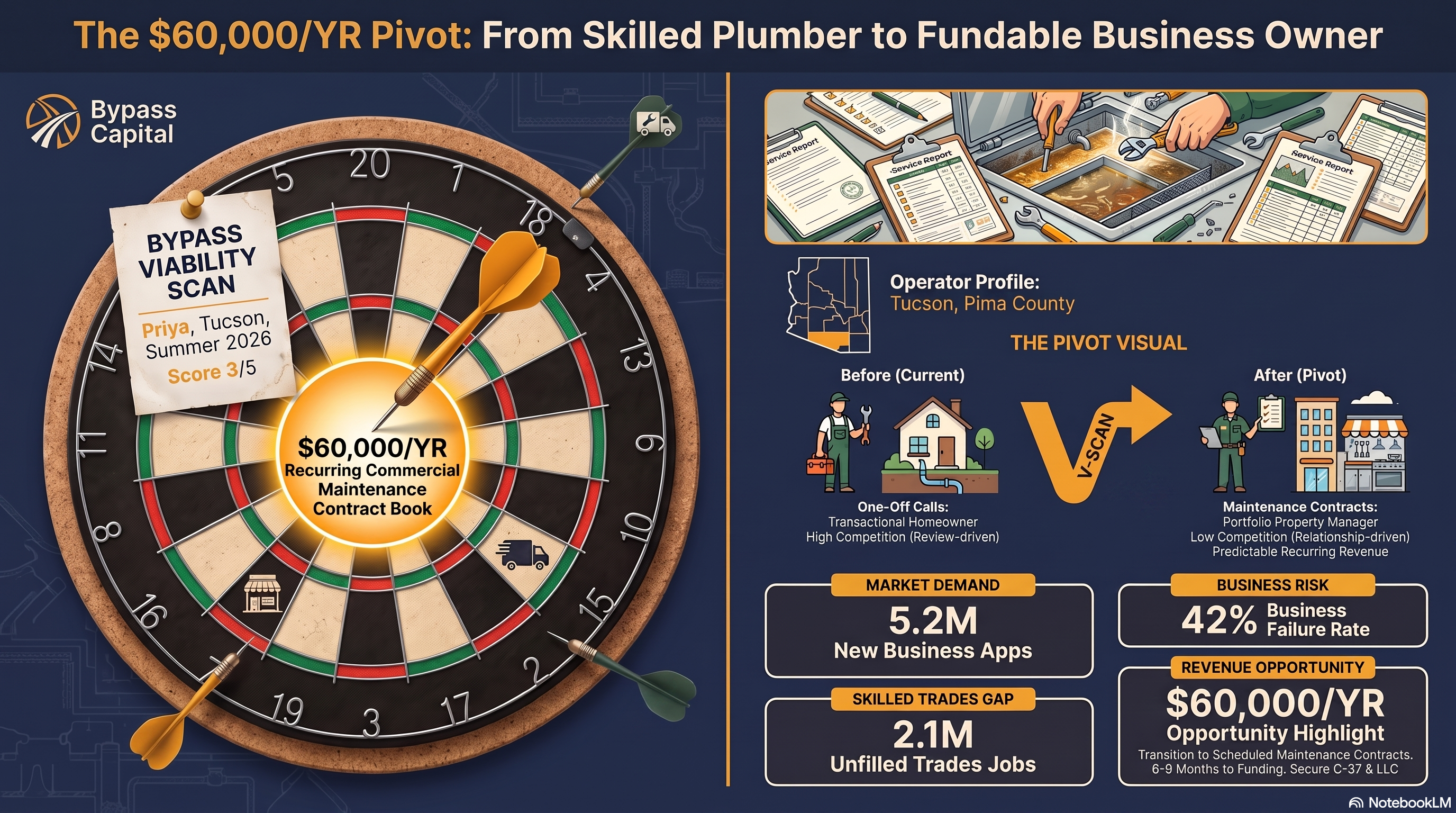 Bullseye infographic comparing Tucson residential plumbing one off calls to commercial maintenance contracts for predictable annual. revenue