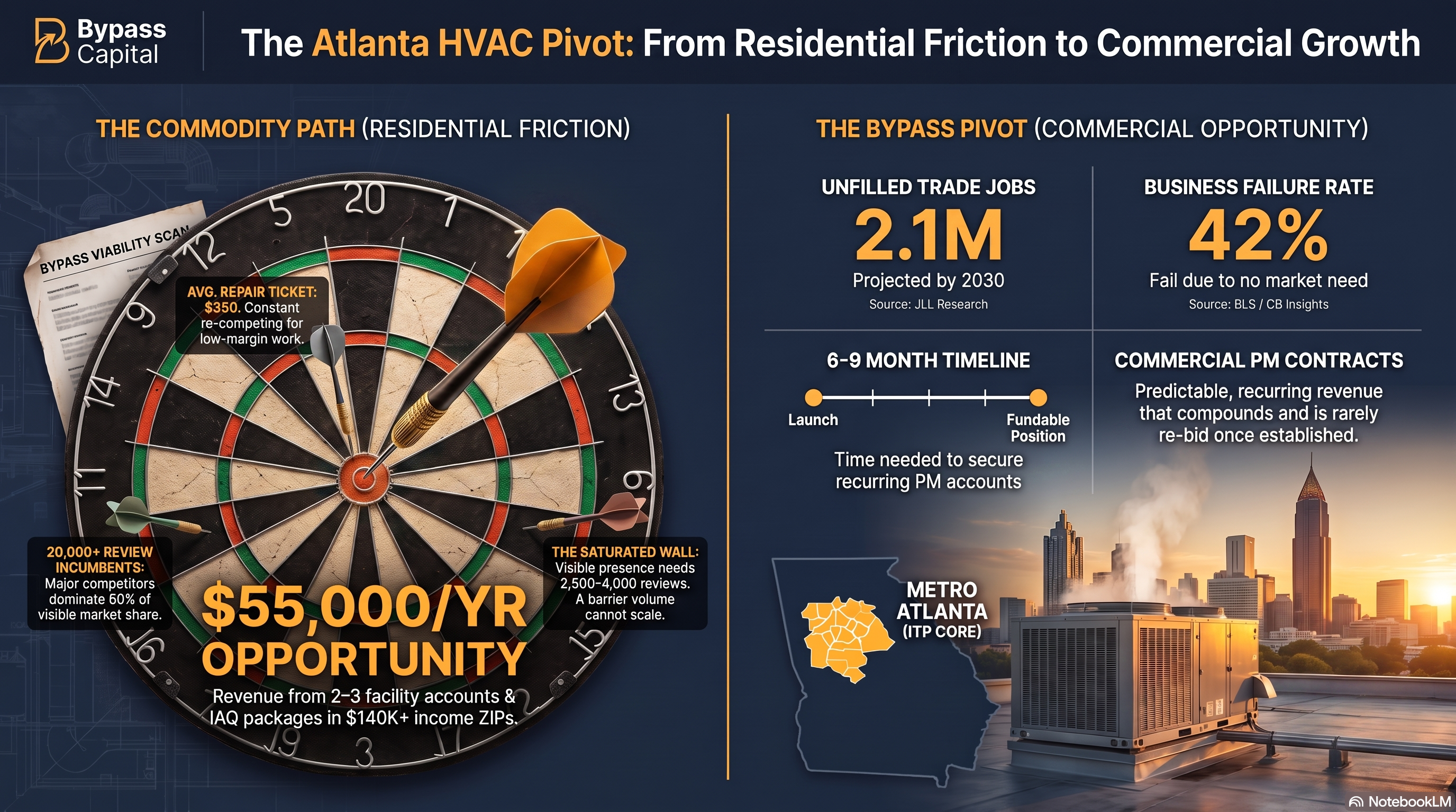 Bullseye infographic comparing Atlanta residential HVAC repairs at $350 to recurring commercial preventative maintenance and indoor air quality contracts.