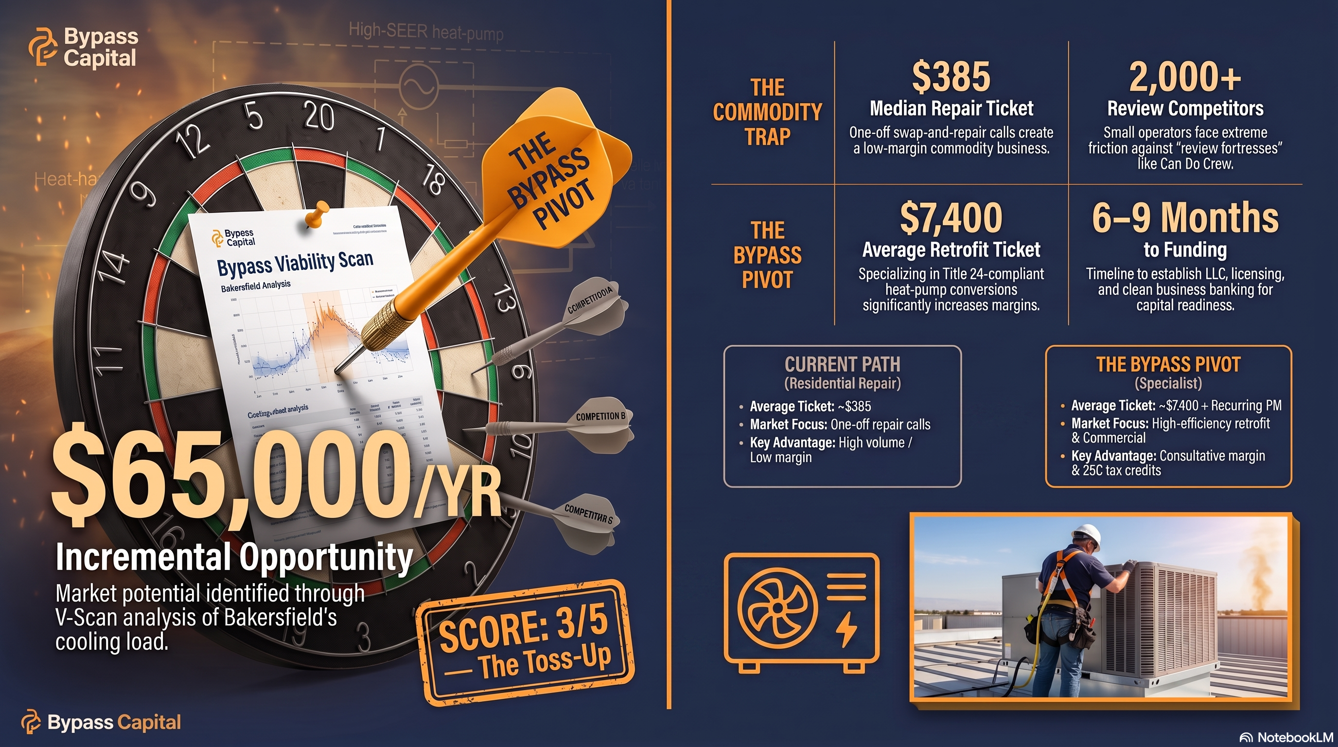 Bullseye infographic comparing Bakersfield HVAC service calls at $385 to high-efficiency Title 24 system replacements worth $7,400.
