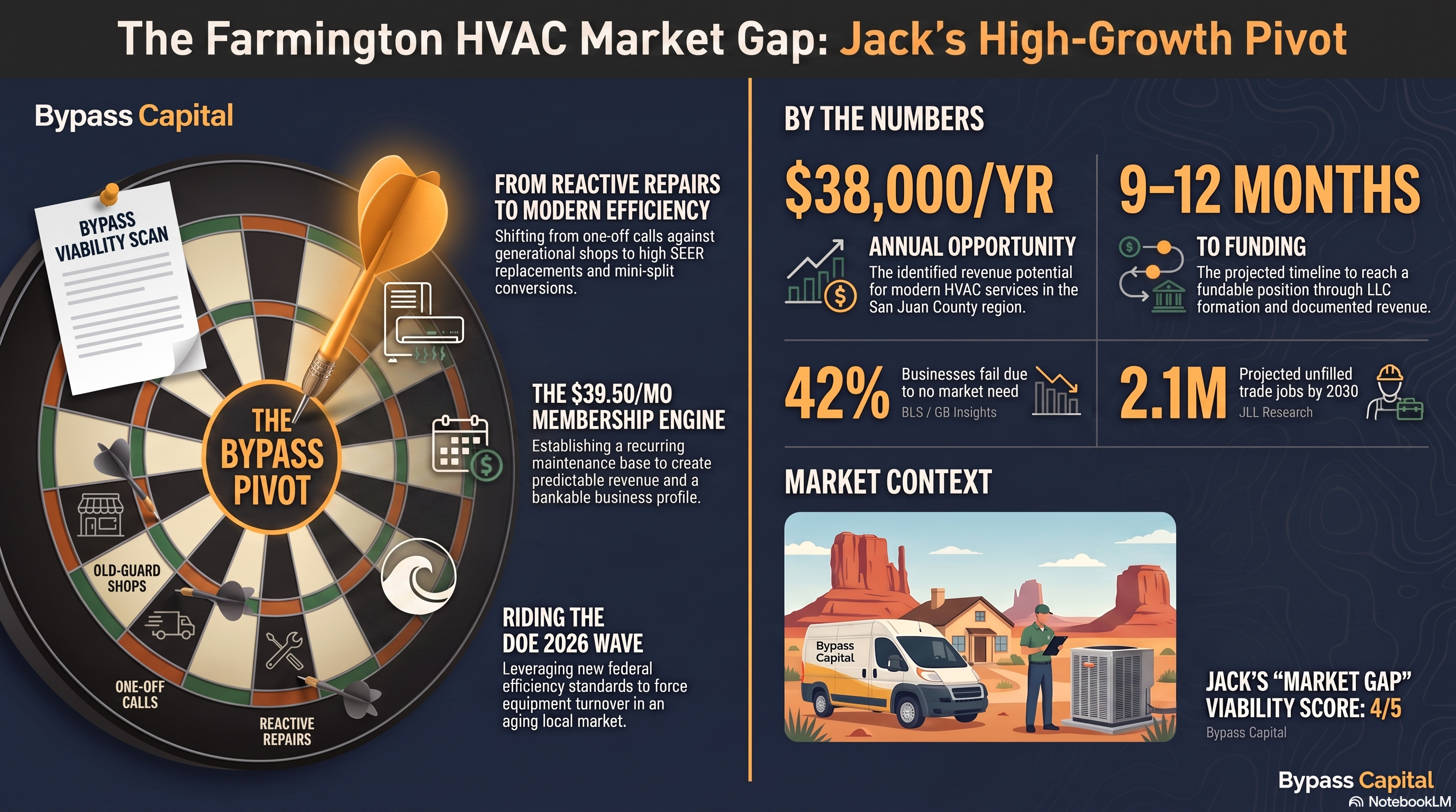 Bypass Capital V-Scan infographic for Jack, a Farmington HVAC technician, showing a 4 out of 5 Viability Score, the highest in the Summer 2026 case study library.