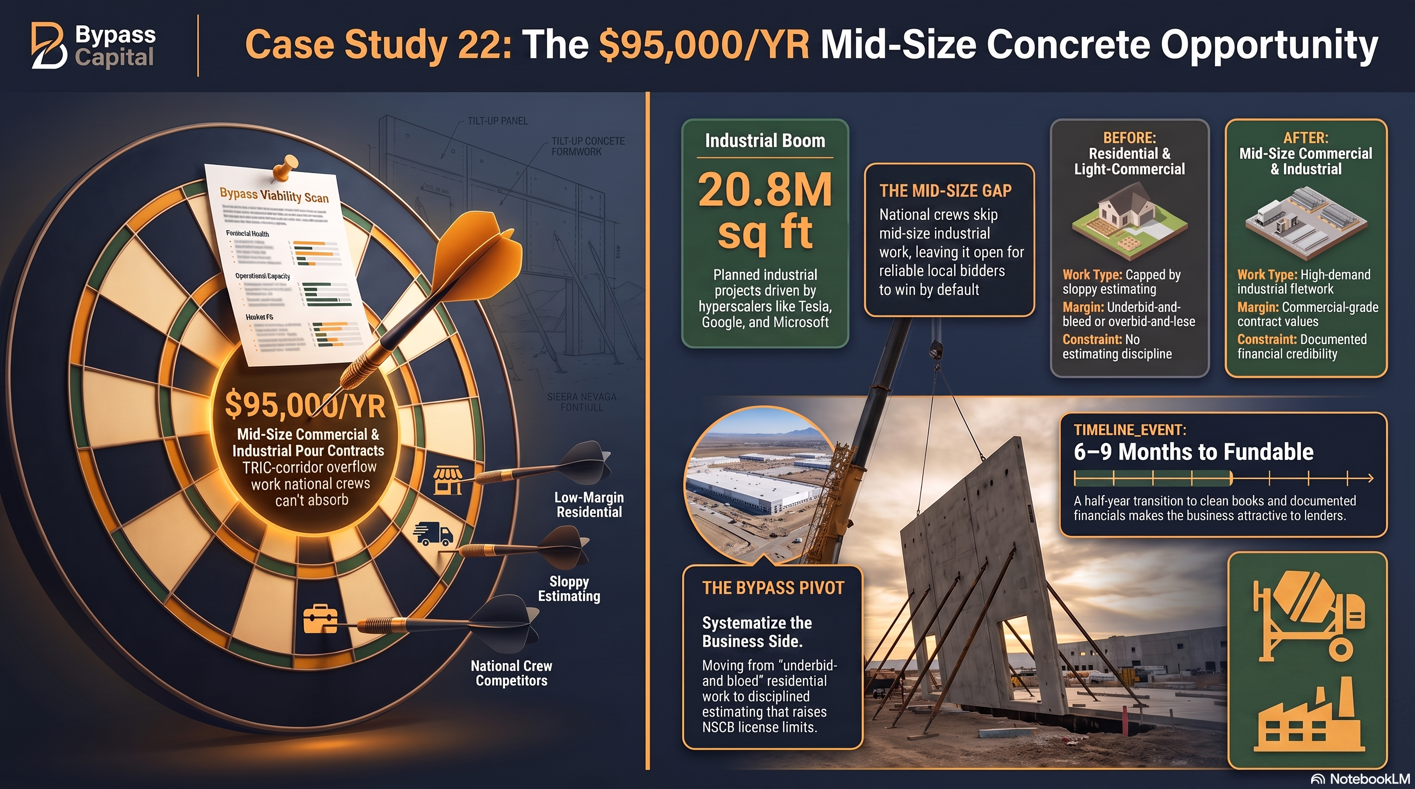 Bypass Capital V-Scan infographic for Wyatt, a Reno-Sparks concrete contractor, showing a 4 out of 5 Viability Score built on estimating and bidding discipline.