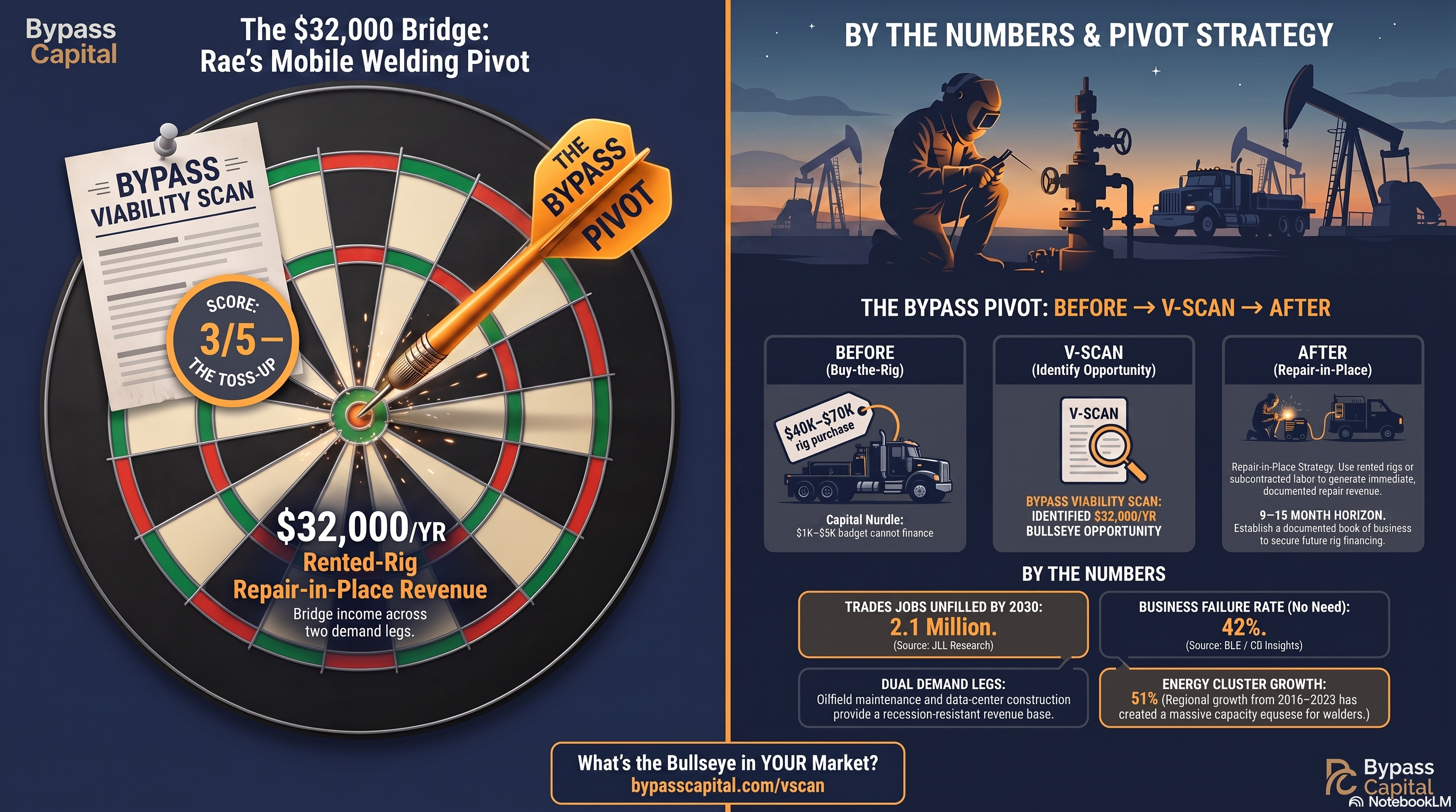 Bypass Capital V-Scan infographic for Rae, a part-time Permian Basin welder, showing a 3 out of 5 Viability Score and a path from rented rig to owned rig.