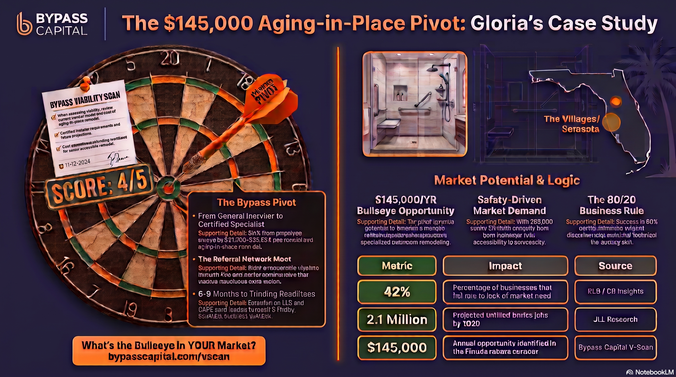 Bullseye infographic comparing a $31,000-$36,000 aging-in-place bathroom remodel to $112,000 a year in nursing home care, for Gloria's business in The Villages, Florida.