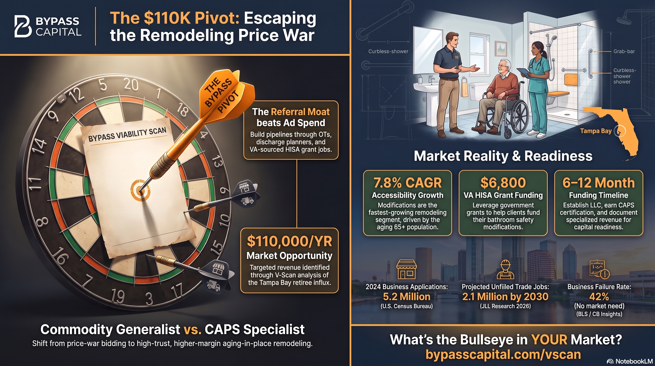 Bullseye infographic showing Phil's referral-driven pivot to certified aging-in-place bathroom remodeling in Tampa Bay, Florida. Bullseye infographic showing Phil's referral-driven pivot to certified aging-in-place bathroom remodeling in Tampa Bay, Florida.
