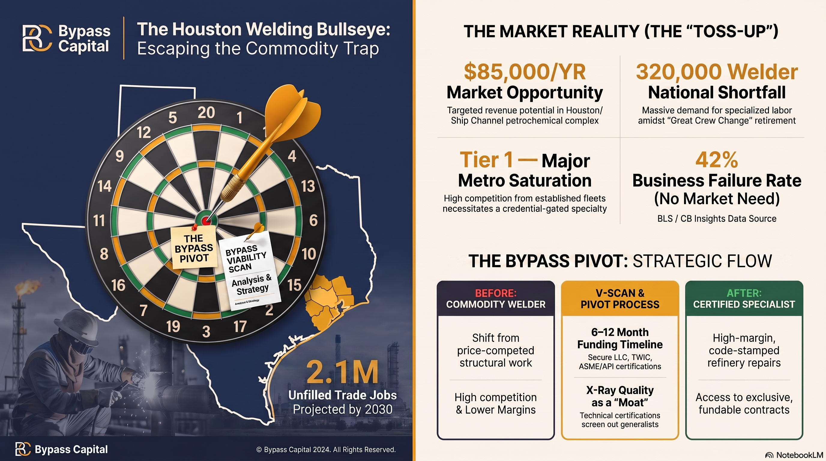 Bullseye infographic showing Juan's pivot from commodity mobile welding to certified, code-stamped pressure piping repair in Houston.
