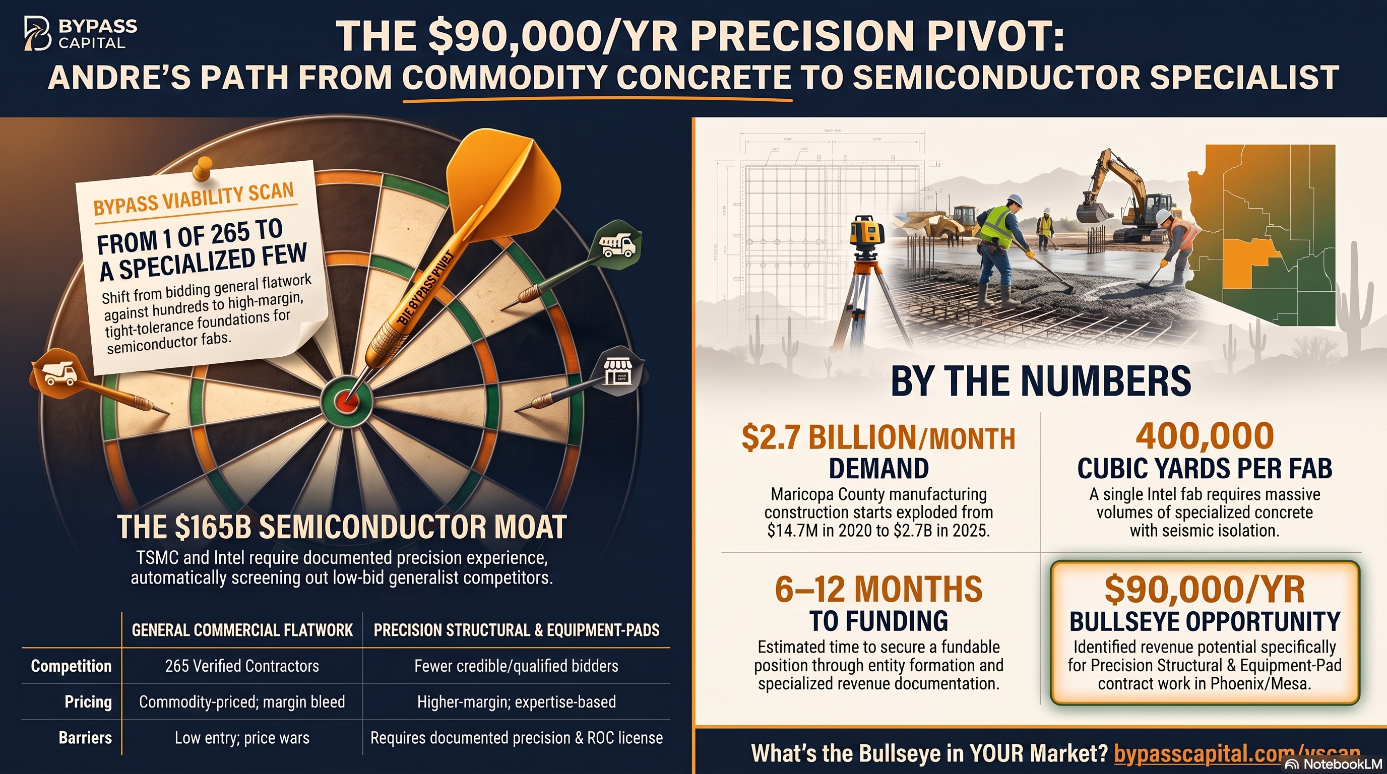 Bullseye infographic showing Andre's pivot from general concrete pouring to precision fab-grade work for Phoenix's semiconductor plants.