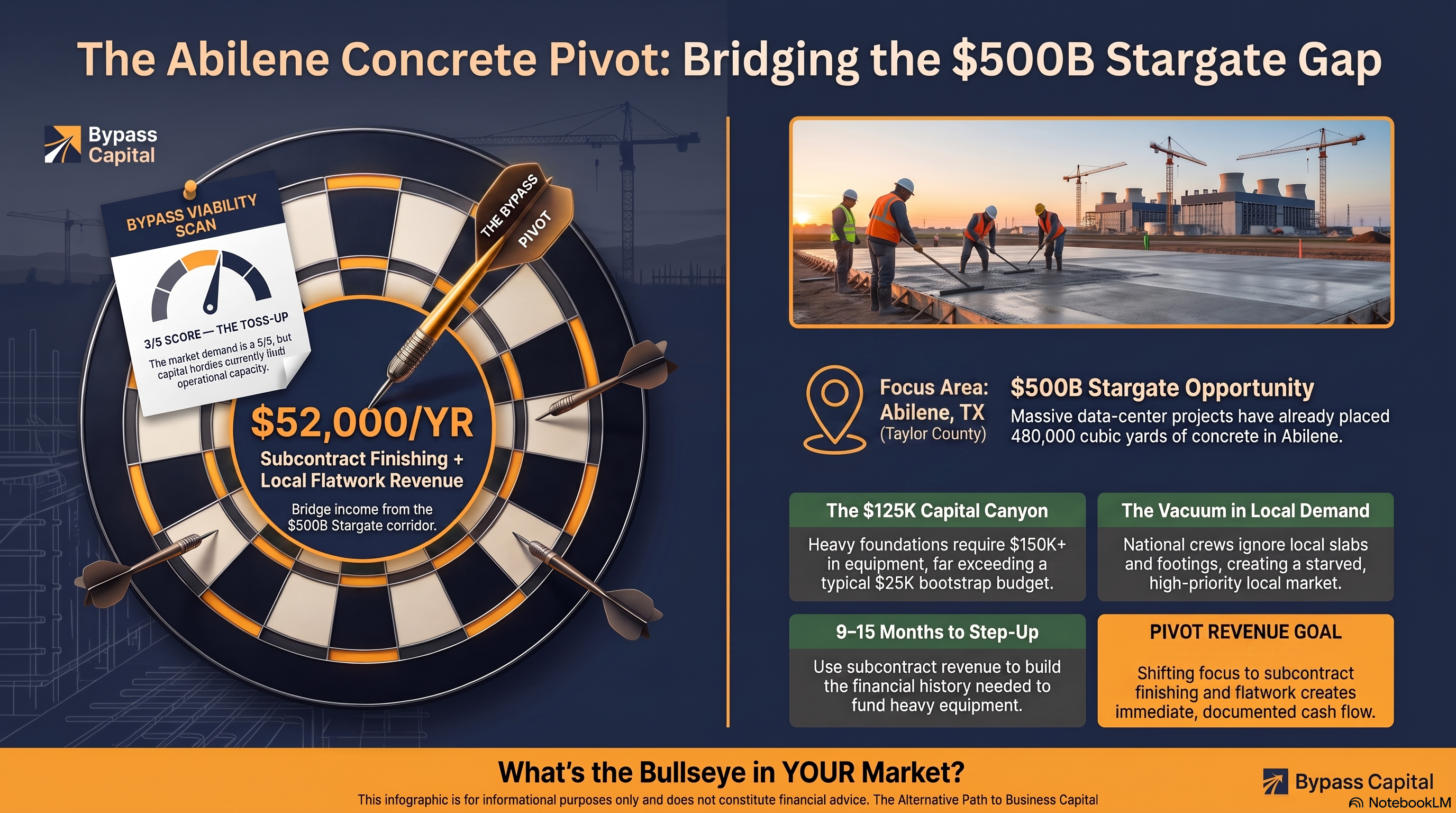 Bullseye infographic showing Travis's concrete subcontracting pivot in Abilene, Texas, alongside the $500 billion Stargate data center campus.