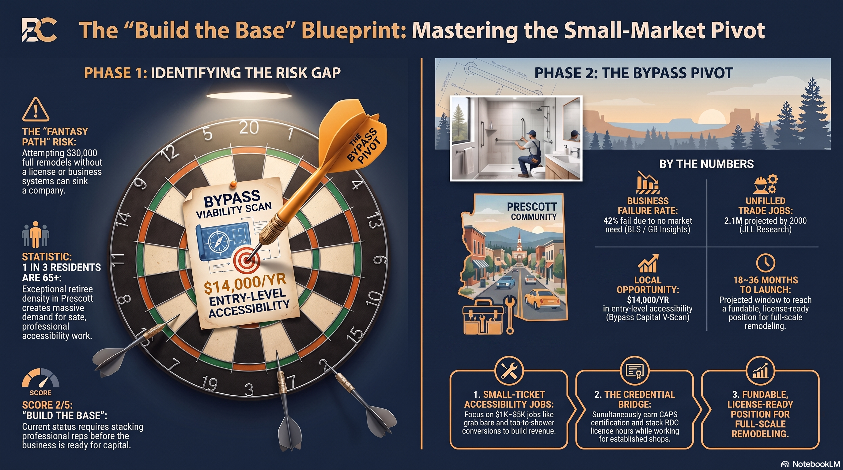 Bullseye infographic showing Sam's base-building sequence toward a licensed aging-in-place remodeling business in Prescott, Arizona. Bullseye infographic showing Sam's base-building sequence toward a licensed aging-in-place remodeling business in Prescott, Arizona.