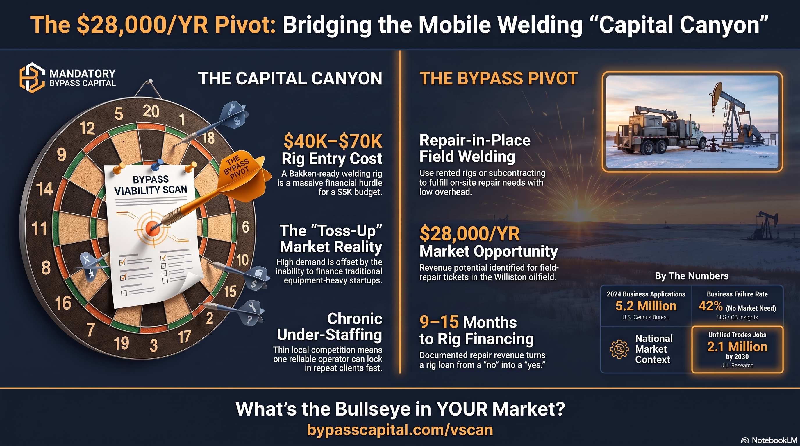 Bullseye infographic showing Cody's repair-in-place welding strategy in Williston, North Dakota's thin, wide-open Bakken market.