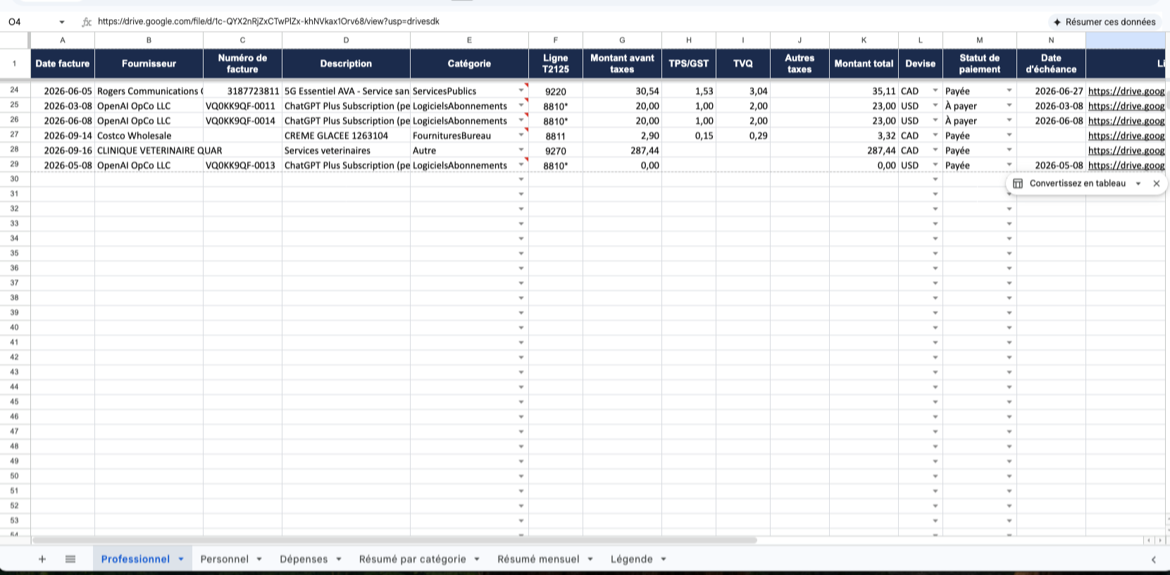 Export Excel Facto prêt pour votre comptable — factures classées avec taxes et lignes T2125