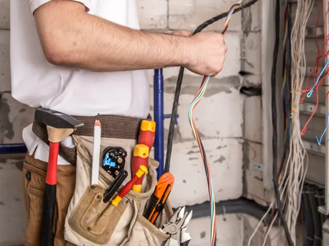 Electrician with a loaded tool belt holding bundled wires on a new construction site