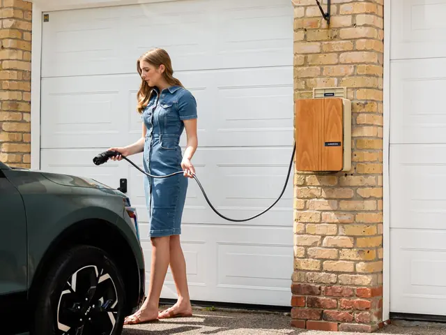 Woman plugging an electric vehicle into a wall mounted home charger beside a garage