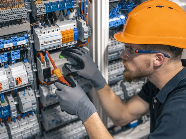 Electrician in an orange hard hat and safety glasses working inside a breaker panel