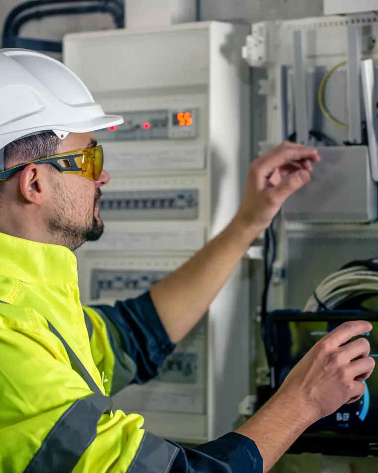 Electrician in a white hard hat and high visibility jacket checking a tablet while working on an electrical panel