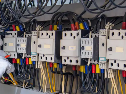 Close-up of wiring and relays inside an electrical control box