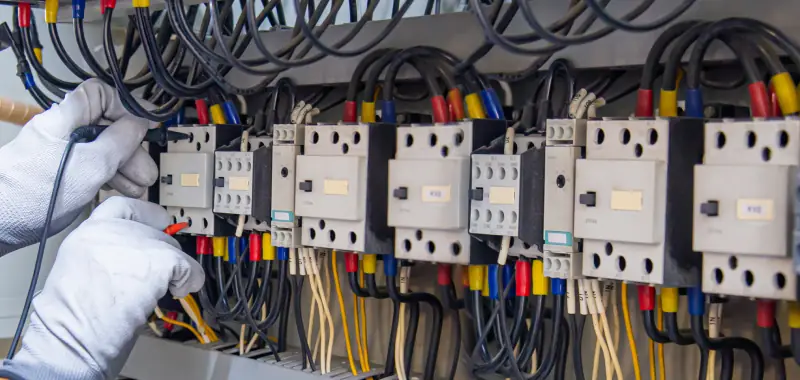 Close-up of gloved hands working on wiring and relays inside an electrical control box