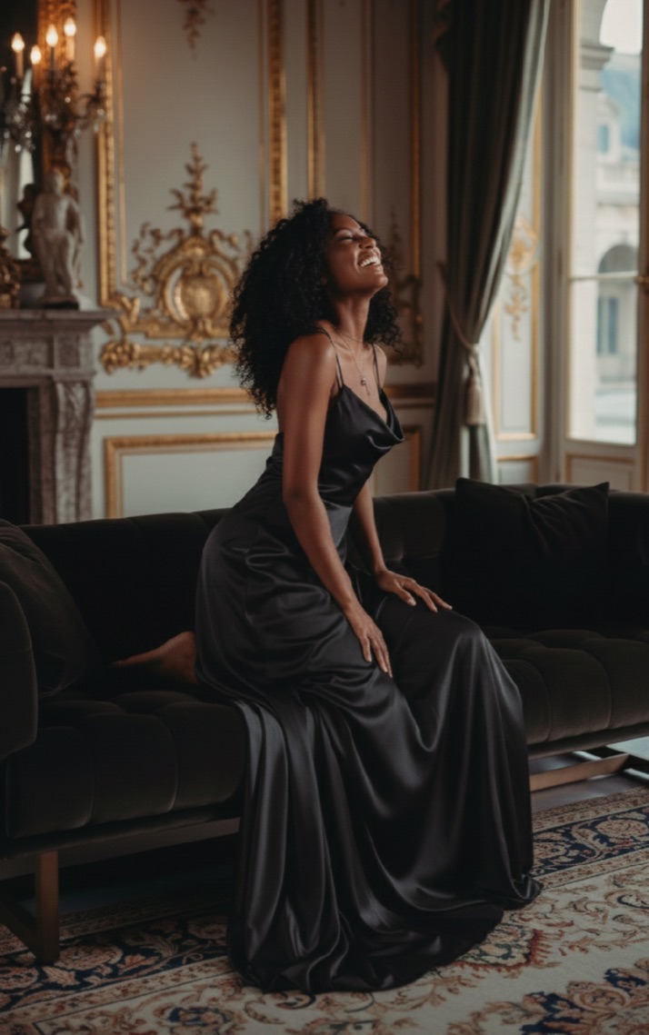 Woman with curly hair wearing a long dark dress, kneeling on a sofa inside an elegant room with ornate wall details, a fireplace, and tall windows.