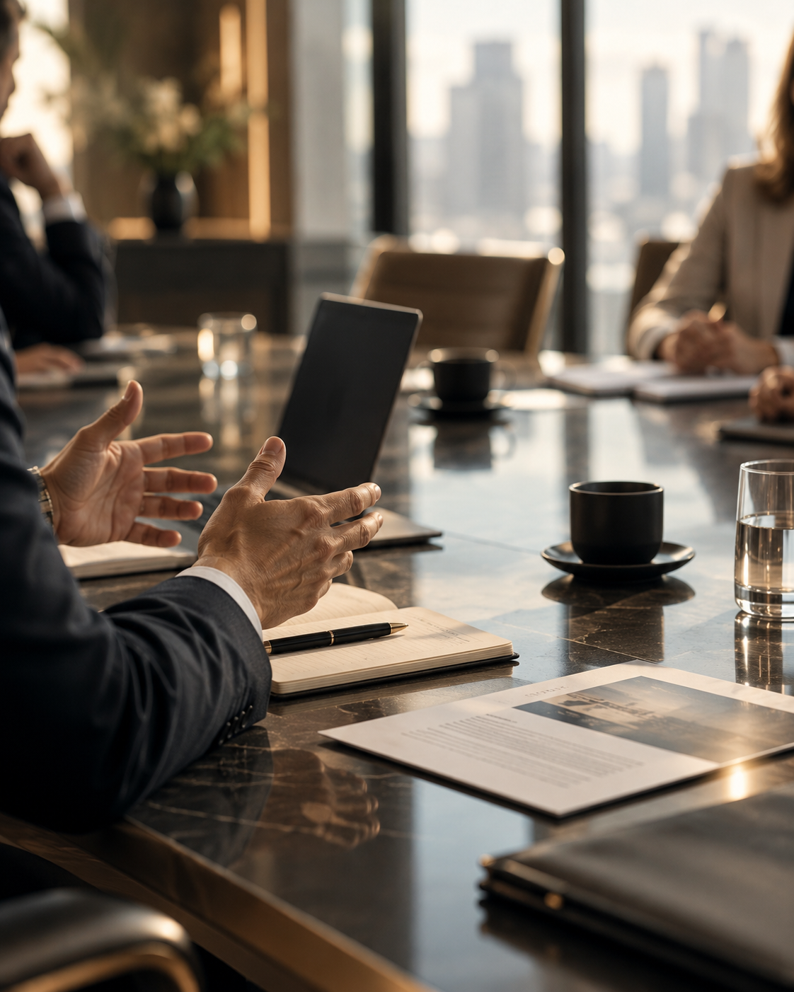 Executives in a boardroom reviewing a corporate proposal