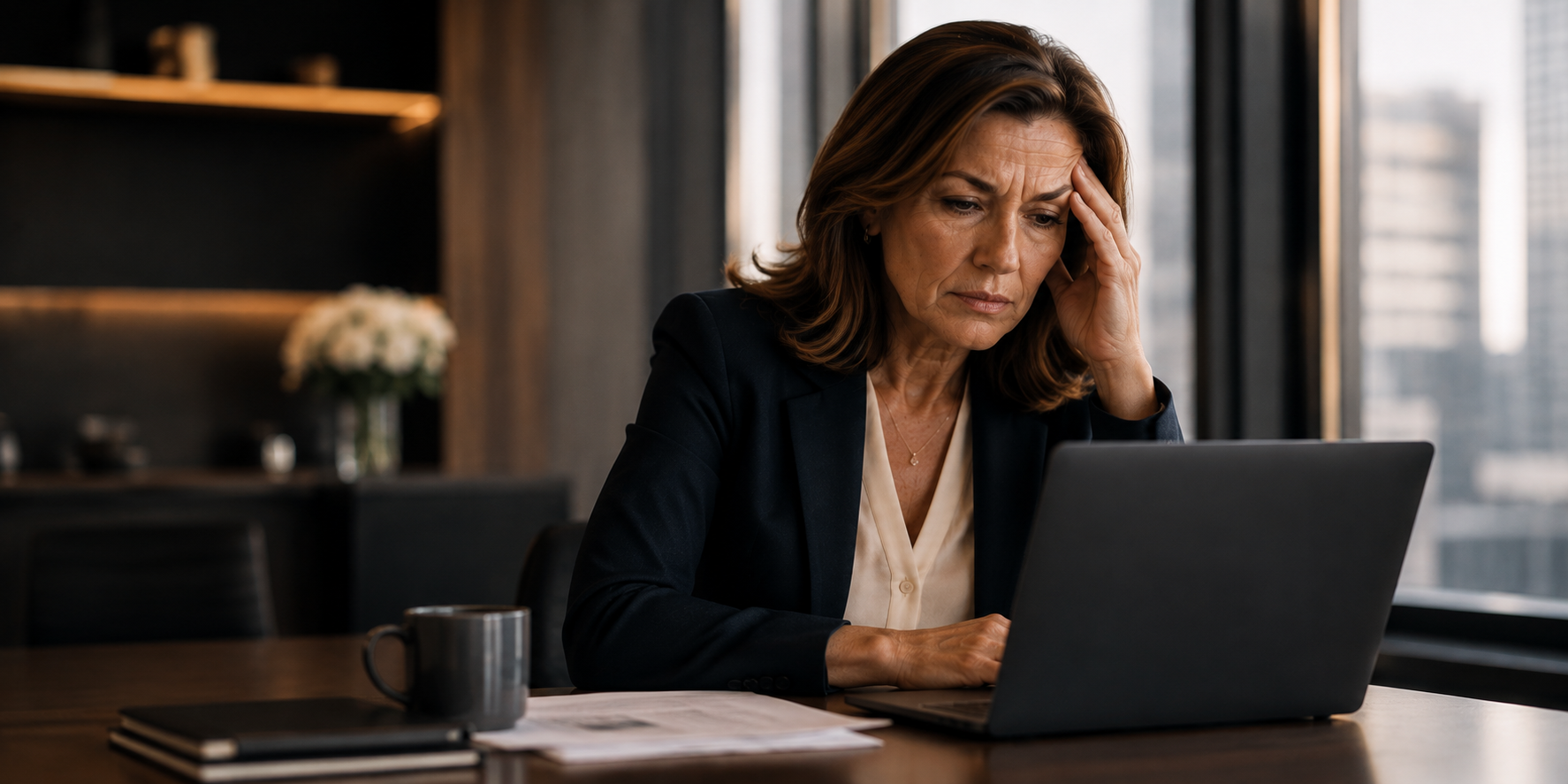 Professional feeling stuck and overwhelmed at her desk