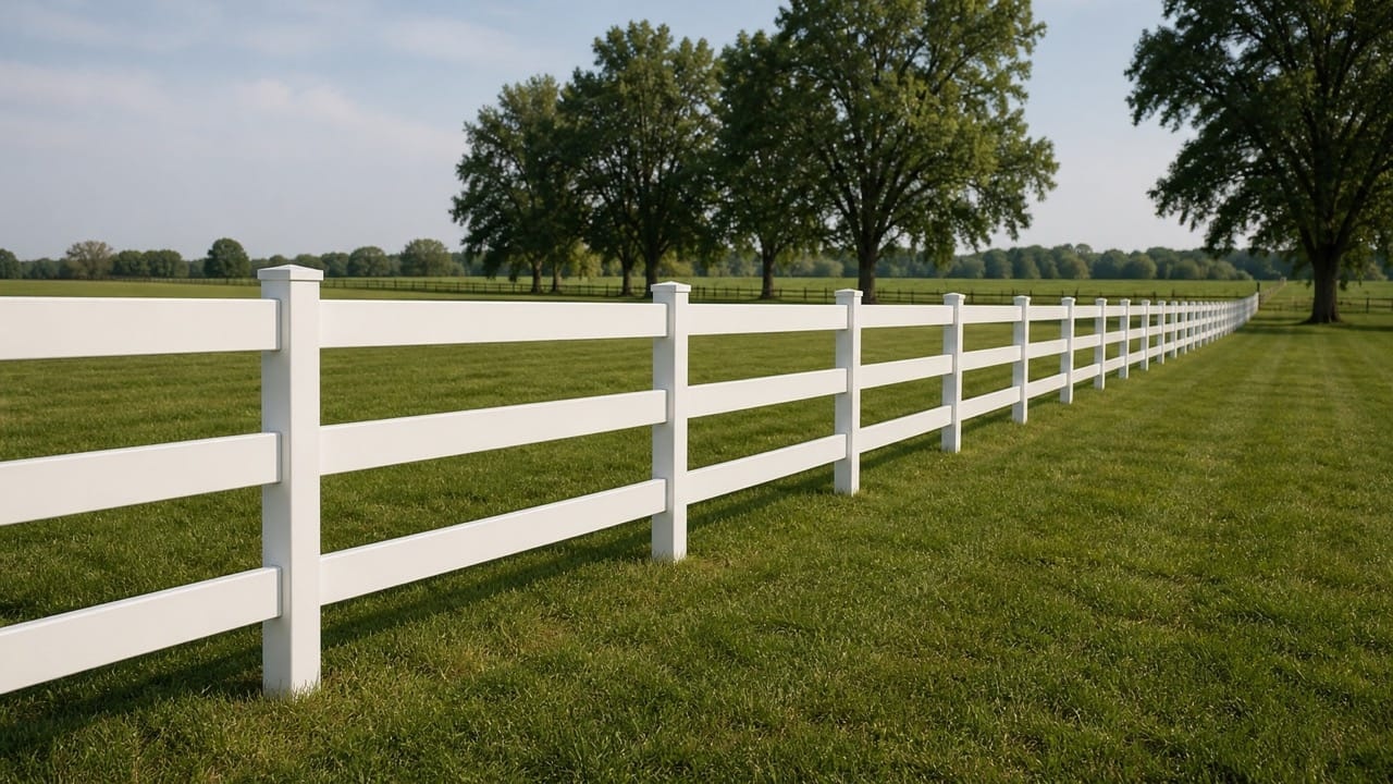 Three-rail white vinyl ranch fence installed by ML Fencing in Beaumont, California