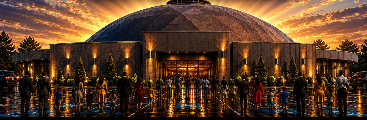 Families walking toward the glowing entrance of the domed sanctuary at sunset