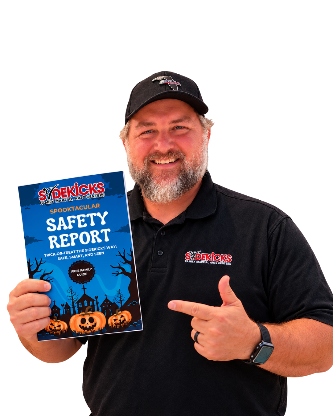 Sidekicks instructor holding the Halloween Safety Report with a FREE FAMILY GUIDE starburst