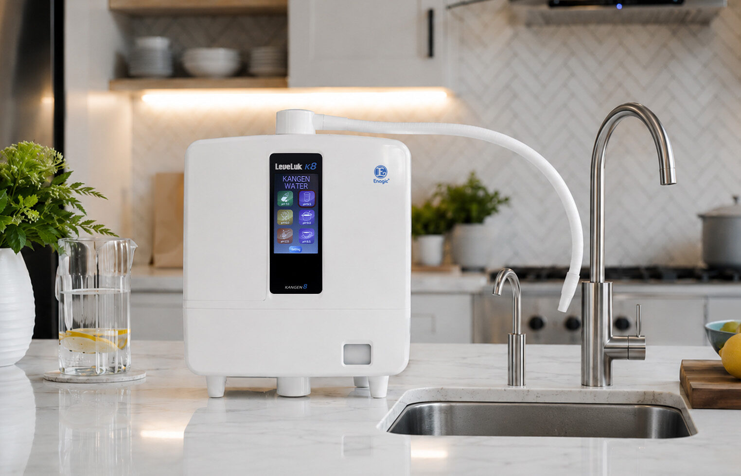 Enagic LeveLuk K8 on a kitchen counter beside a sink