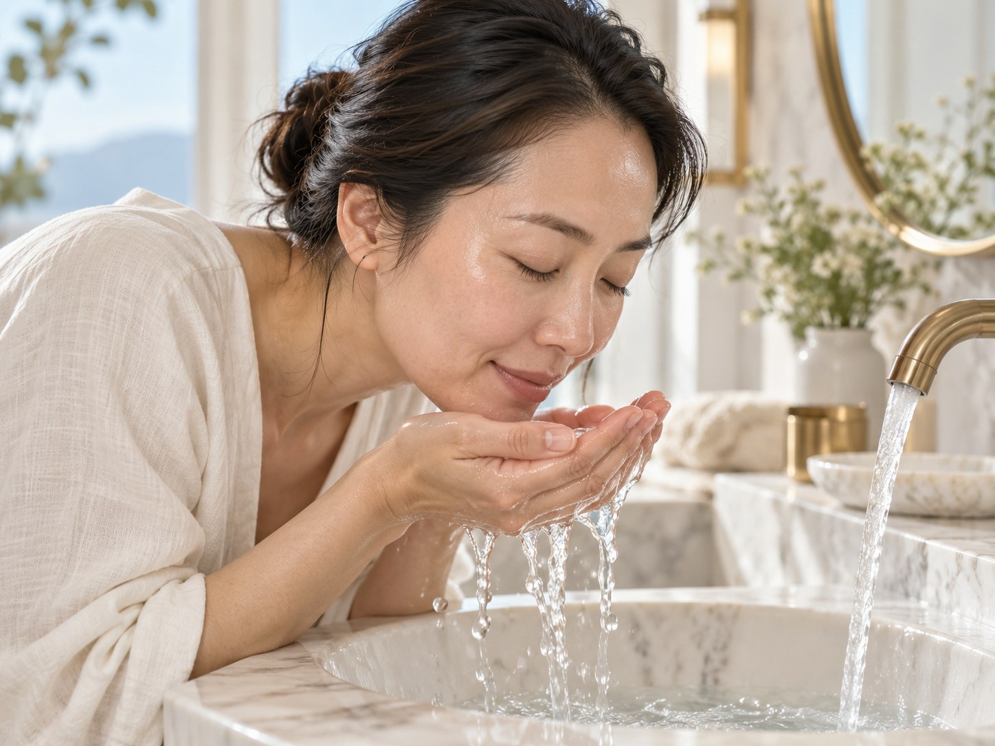 Woman rinsing her face at a basin