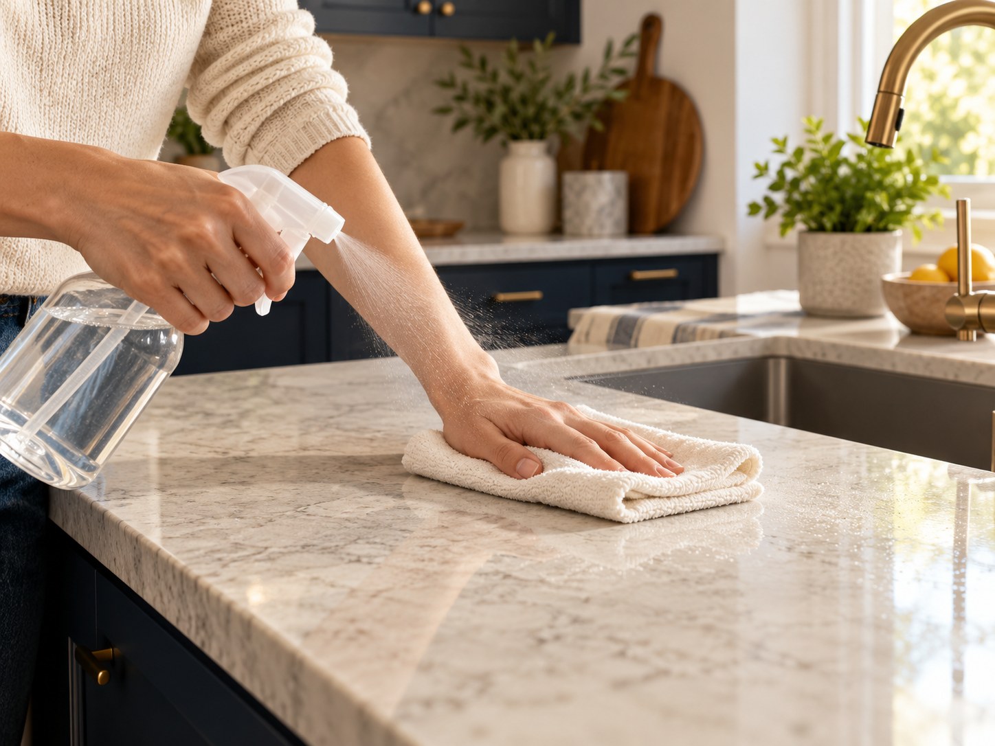 Wiping a kitchen countertop