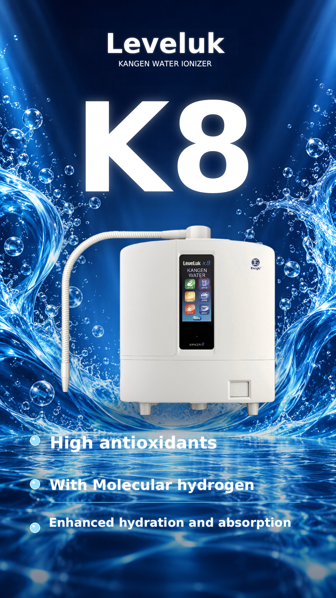 LeveLuk K8 water ioniser against a blue water background