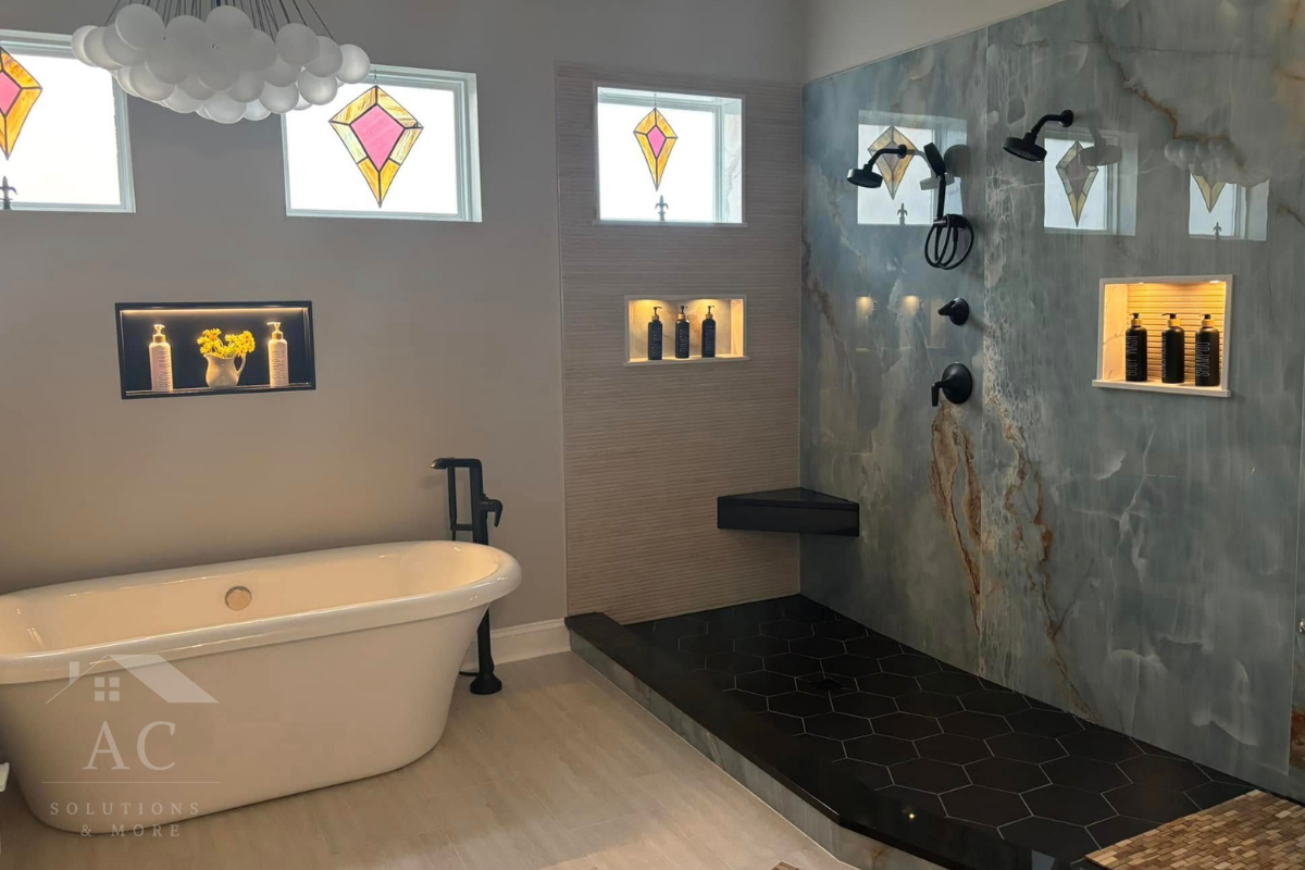 Completed bathroom remodel with walk-in shower in Lake Frederick, VA