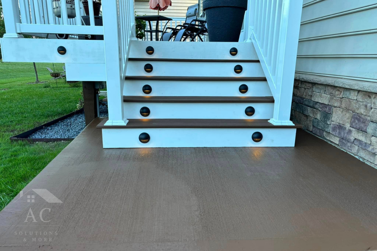 Outdoor deck stair build with concrete landing in Lake Frederick, VA