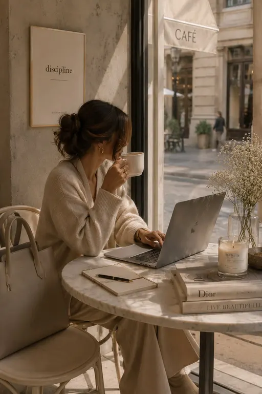 Mujer trabajando con su portátil mientras toma un café