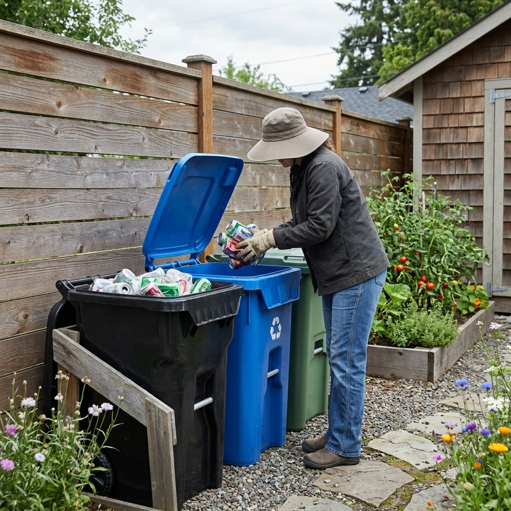 Calgary resident sorting waste into blue, green and black carts