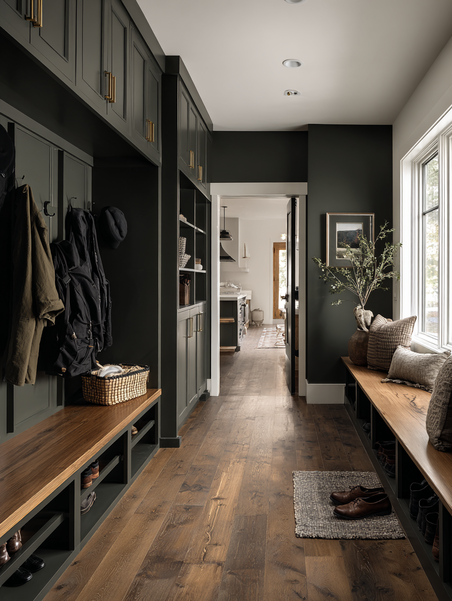 mudroom painted a deep green