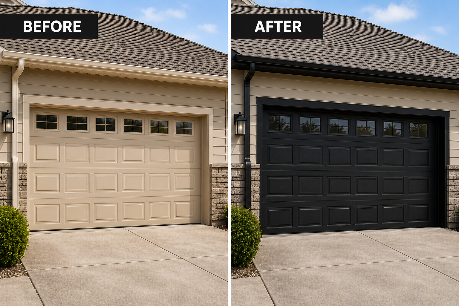 before and after of painted garage door and gutters curb appeal