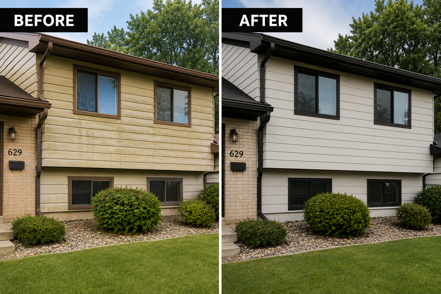 before and after of aluminum siding painted with modern aesthetic