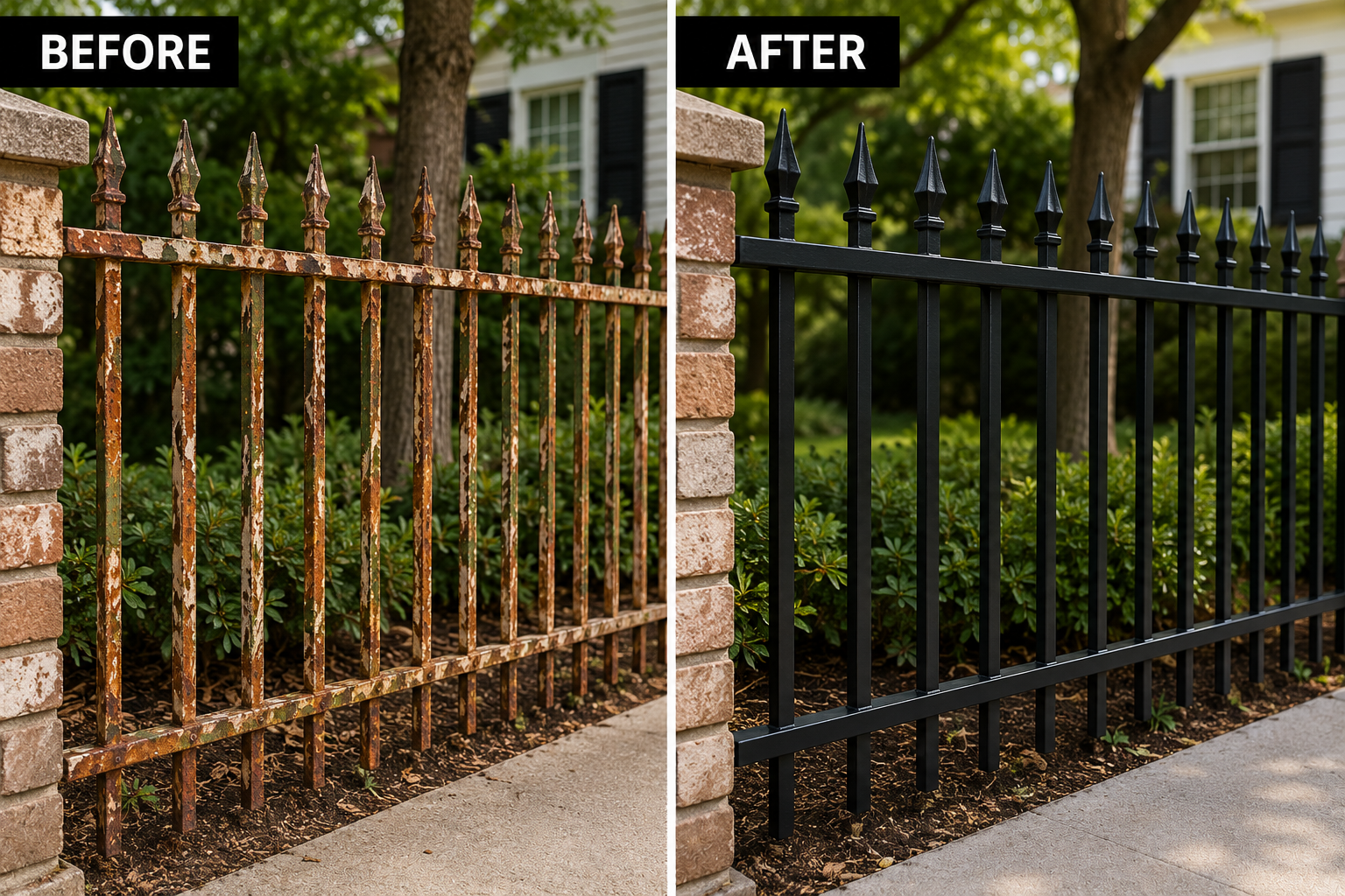 before and after of rusted metal fence painted black