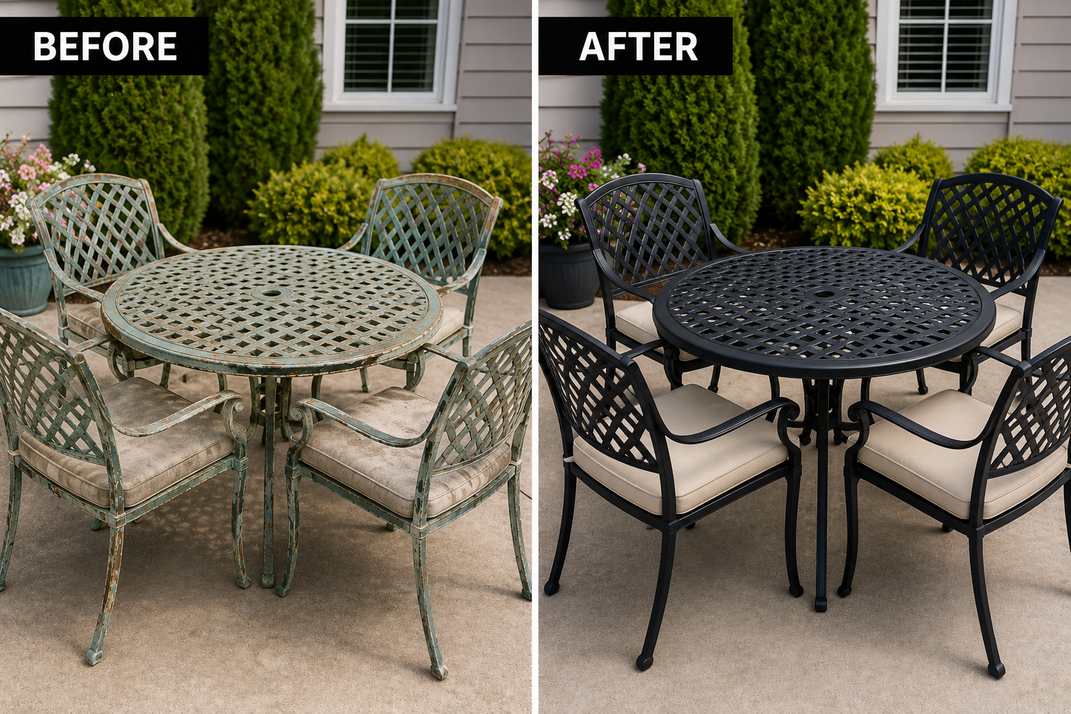 before and after of old metal furniture repainted and repurposed