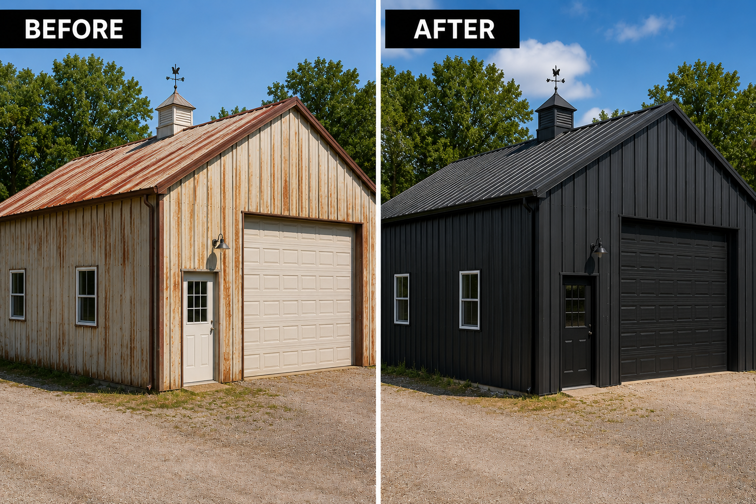 before and after of painted metal outbuilding and painted metal roof