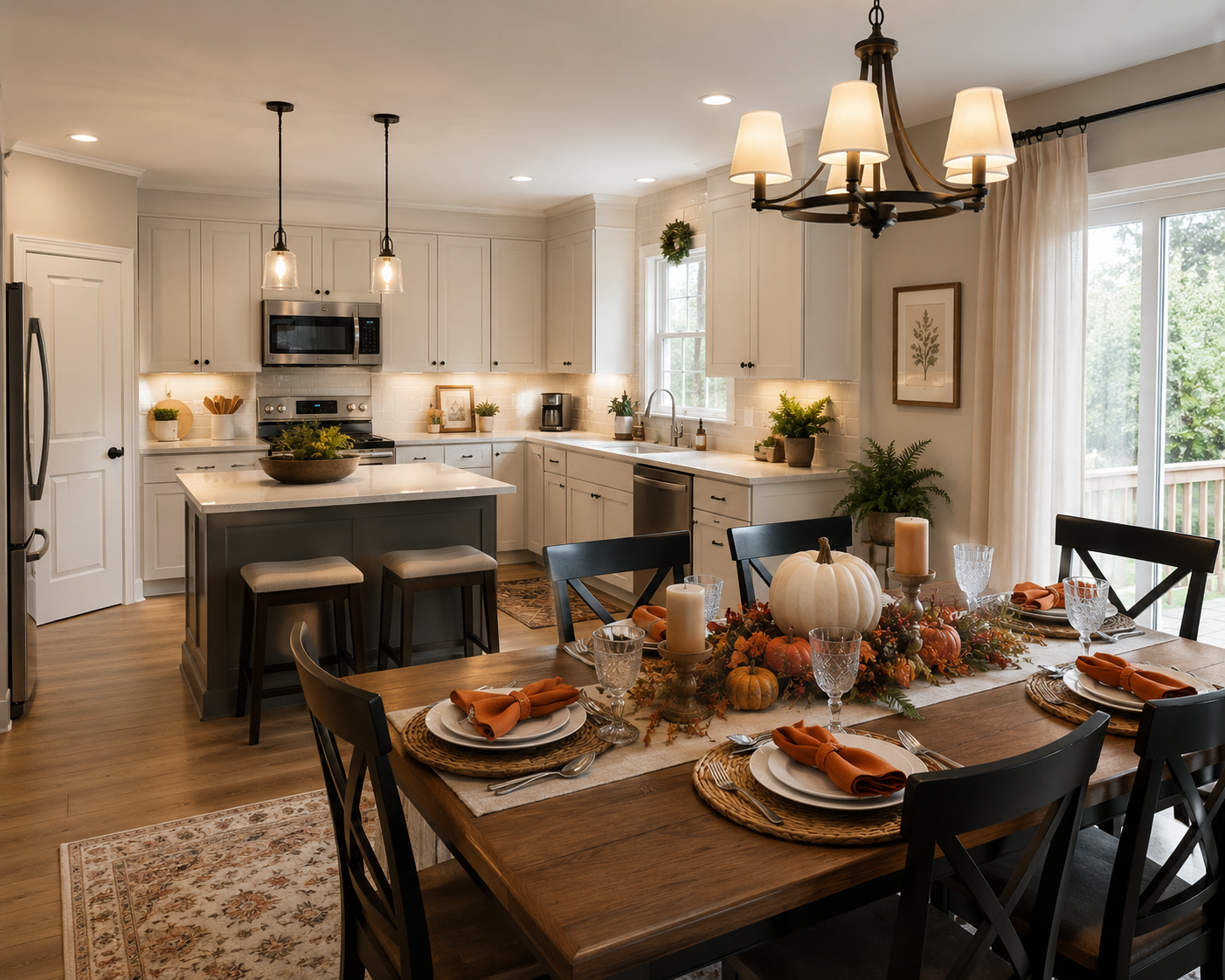 repainted cabinets and kitchen in 90's home prepared for thanksgiving guests