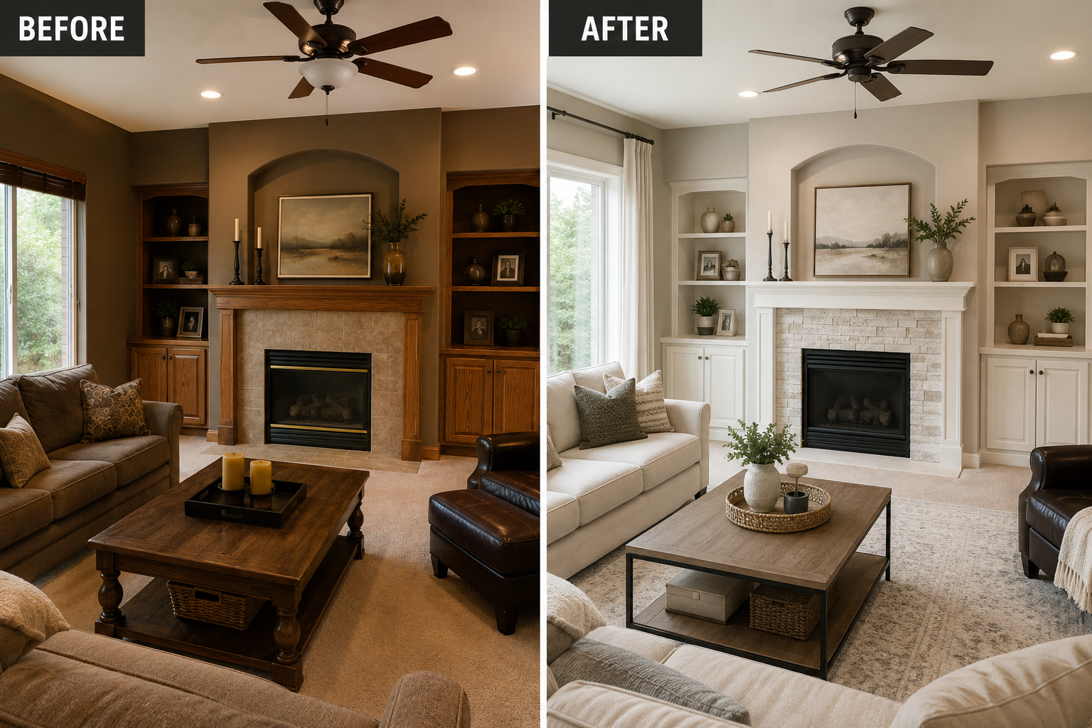 before and after of a 90's home that has been repainted by northwest specialty painting